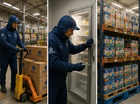 Manejo de la mercancía en bodega: transporte con estibadora, revisión de un refrigerador y estantería organizada.