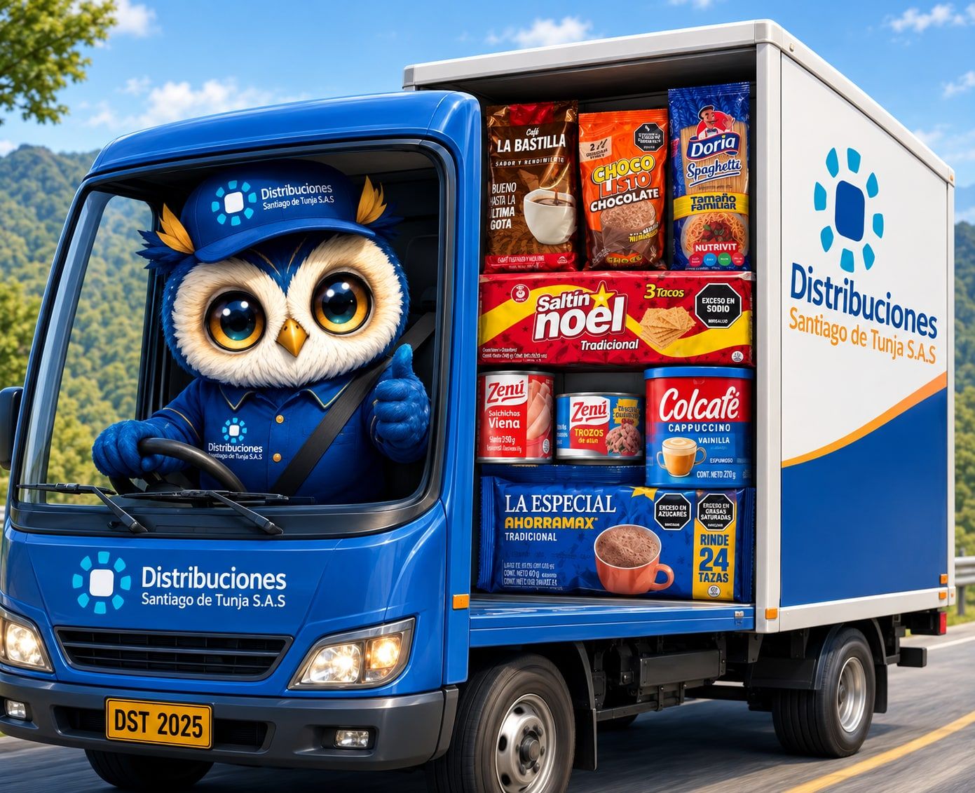 La mascota de Distribuciones Santiago de Tunja al volante del camión de reparto, cargado con el portafolio